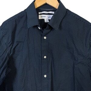 Old Navy Mens Dress Shirt Large Navy Blue Slim Fit Built In Flex Polka Dot